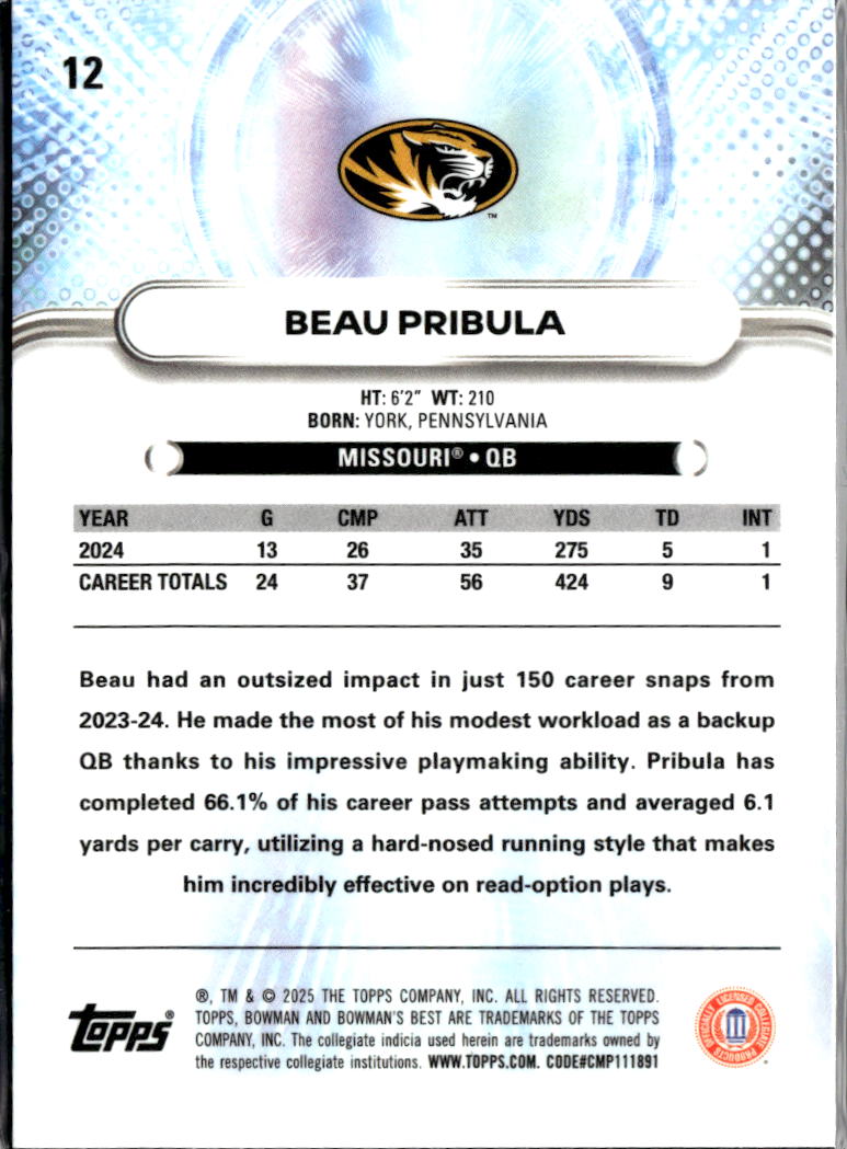 Beau Pribula 2025 Bowman's Best Purple Refractor 31/75 Missouri Tigers
