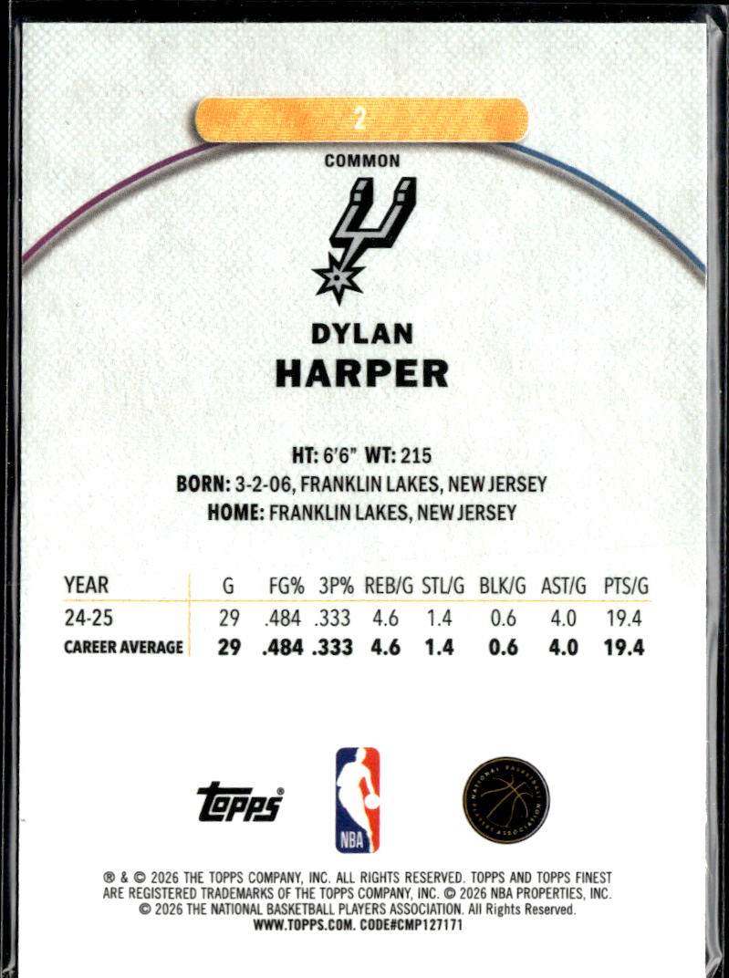 Dylan Harper 2026 Topps Finest Rookie RC San Antonio Spurs
