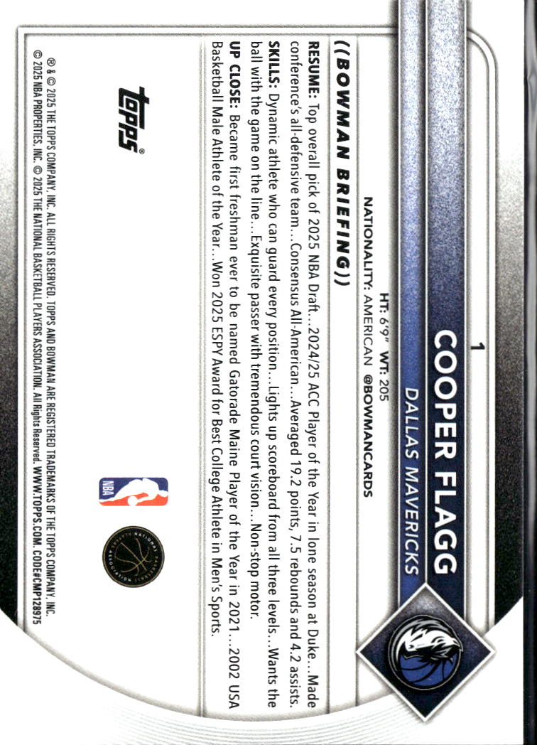 Cooper Flagg 2025 Bowman Rookie RC Dallas Mavericks