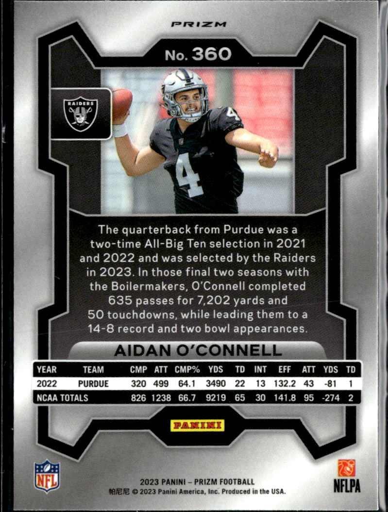 Aidan O'Connell 2023 Panini Prizm Silver Prizm Rookie RC Las Vegas Raiders