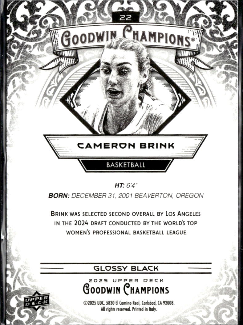 Cameron Brink 2025 Upper Deck Goodwin Champions Glossy Black Rookie RC Sparks