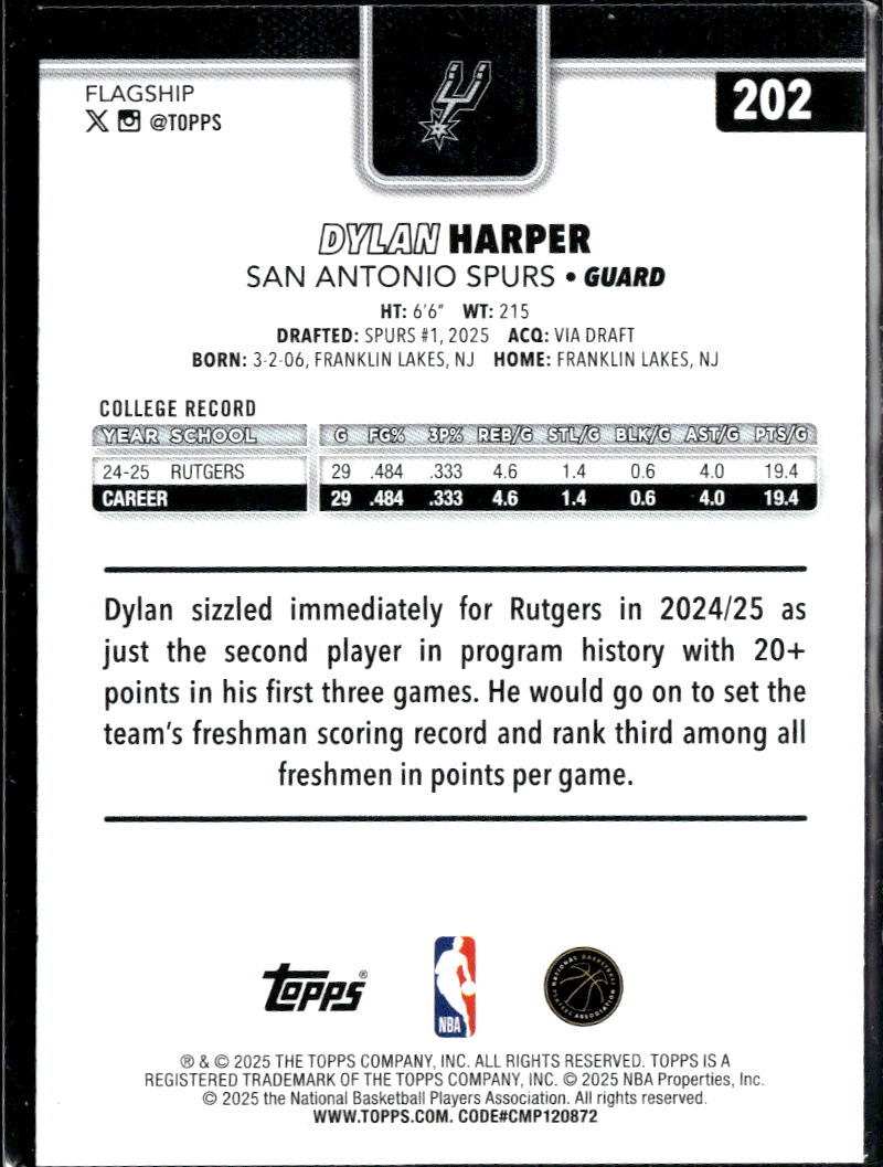Dylan Harper 2025 Topps Rookie RC San Antonio Spurs