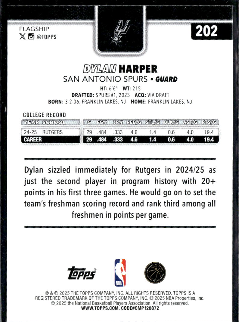 Dylan Harper 2025 Topps Rookie RC San Antonio Spurs