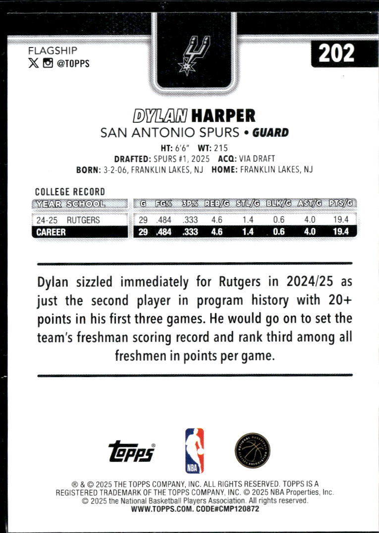 Dylan Harper 2025 Topps Rookie RC San Antonio Spurs