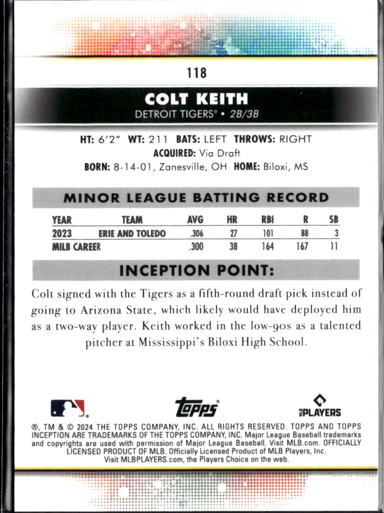 Colt Keith 2024 Topps Inception Shortprint Rookie SSP RC Detroit Tigers