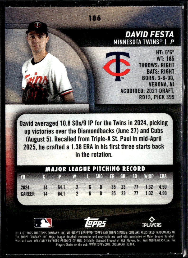 David Festa 2025 Topps Stadium Club Blue Foil SSP RC Minnesota Twins