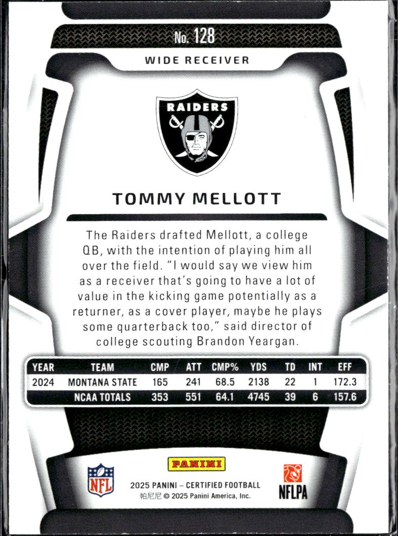 Tommy Mellott 2025 Certified Rookie RC 196/499 Las Vegas Raiders