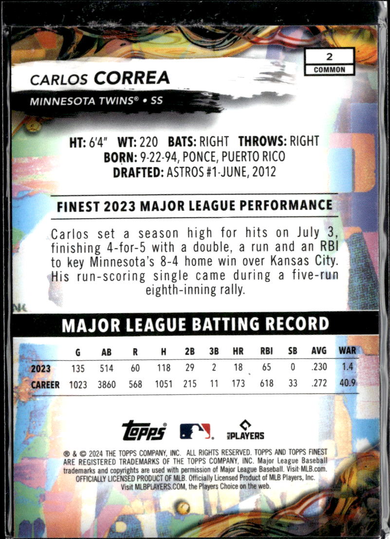 Carlos Correa 2024 Topps Finest Green Refractor 50/75 Minnesota Twins