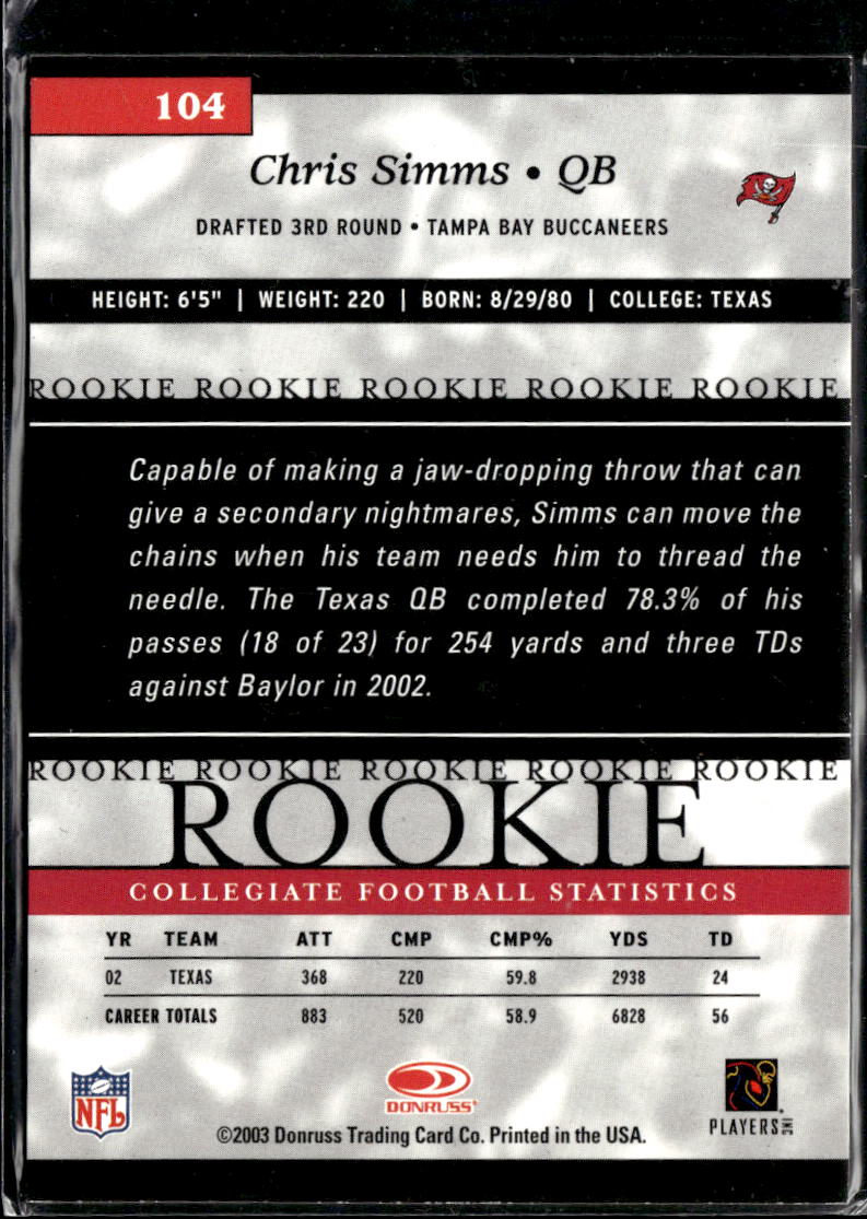 Chris Simms 2003 Donruss Elite Rookie RC 396/500 Texas Longhorns Buccaneers