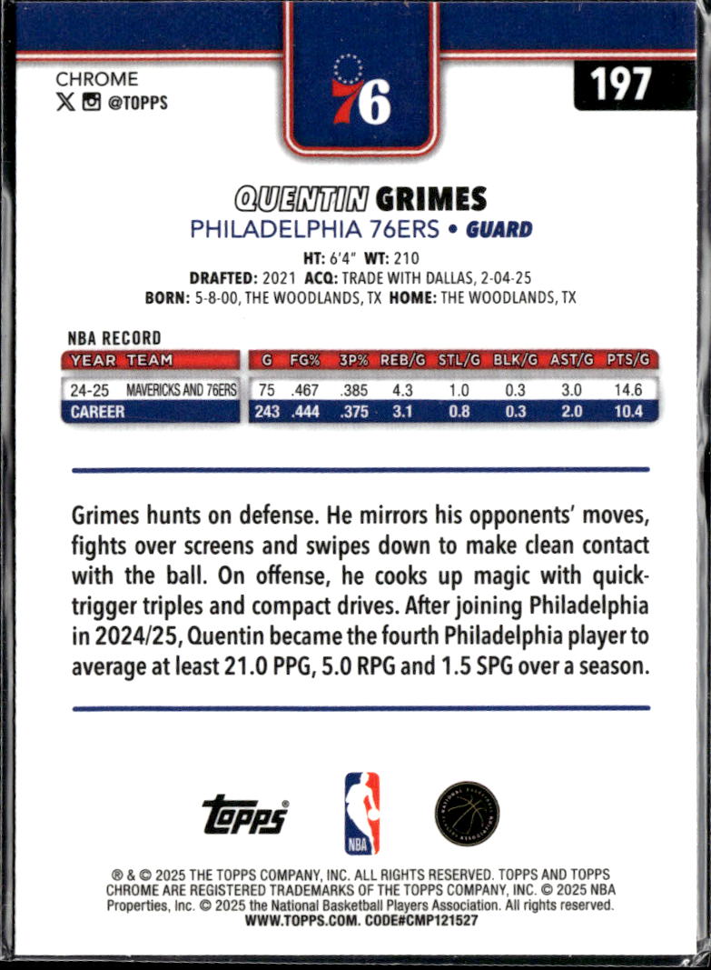 Quentin Grimes 2025 Topps Chrome Purple Refractor 21/75 Philadelphia 76ers