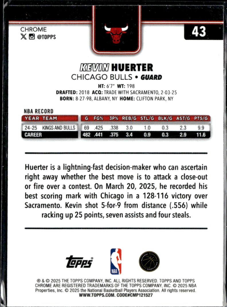 Kevin Huerter 2025 Topps Chrome Aqua Refractor 82/299 Chicago Bulls