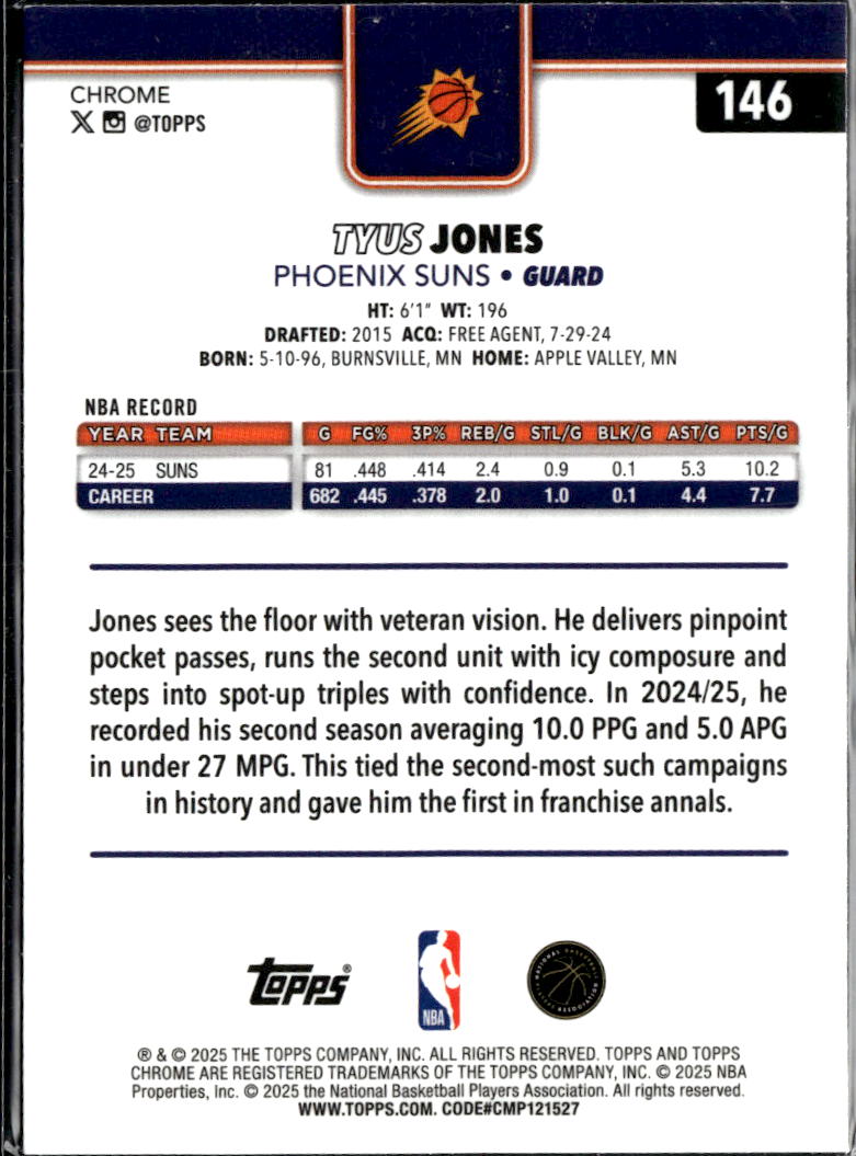 Tyus Jones 2025 Topps Chrome Aqua Refractor 28/199 Phoenix Suns