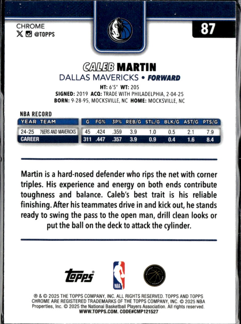 Caleb Martin 2025 Topps Chrome Aqua Refractor 47/199 Dallas Mavericks
