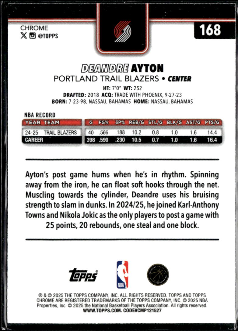 Deandre Ayton 2025 Topps Chrome Pink Refractor 21/399 Portland Trail Blazers