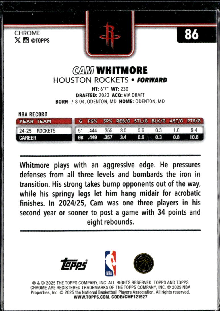 Cam Whitmore 2025 Topps Chrome Pink Refractor 274/399 Houston Rockets