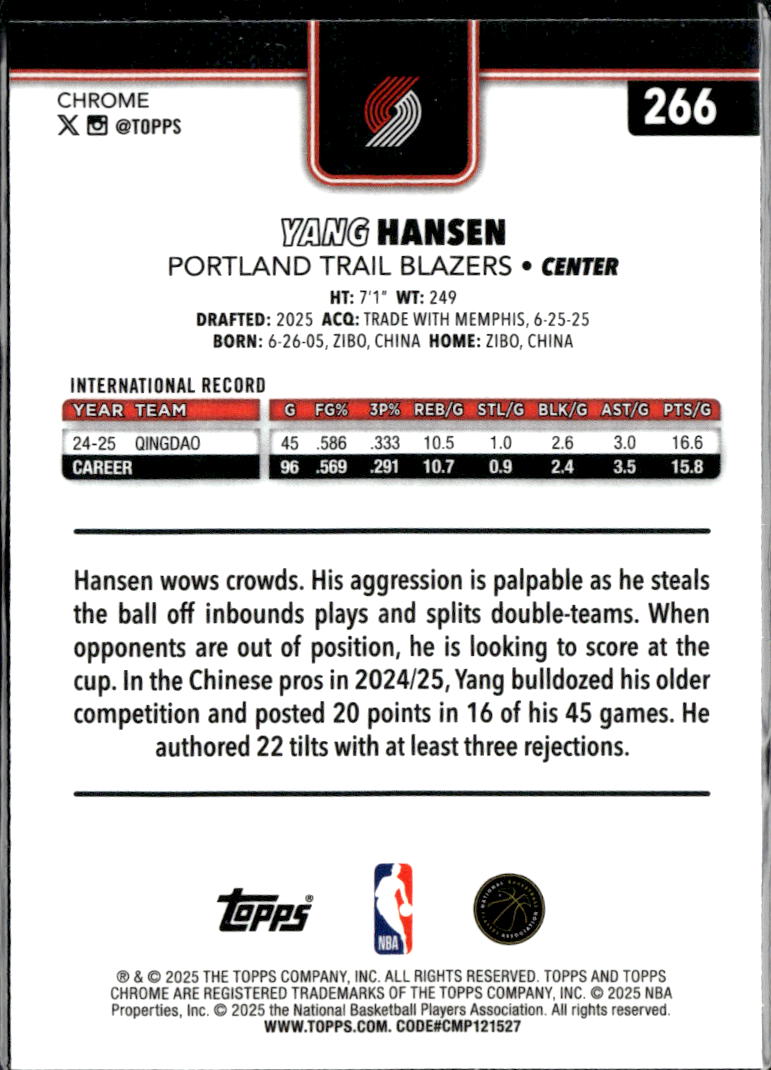 Yang Hansen 2025 Topps Chrome RC Prism Refractor Portland Trail Blazers
