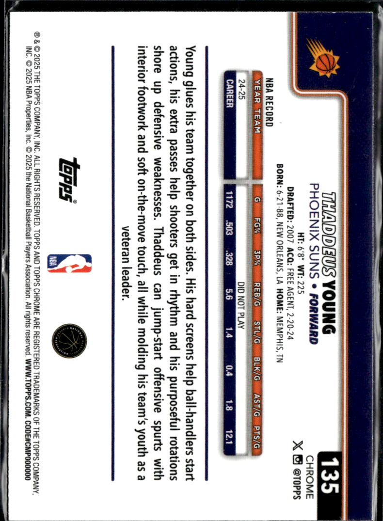 Thaddeus Young 2025 Topps Chrome Yellow Wave Refractor /275 Phoenix Suns