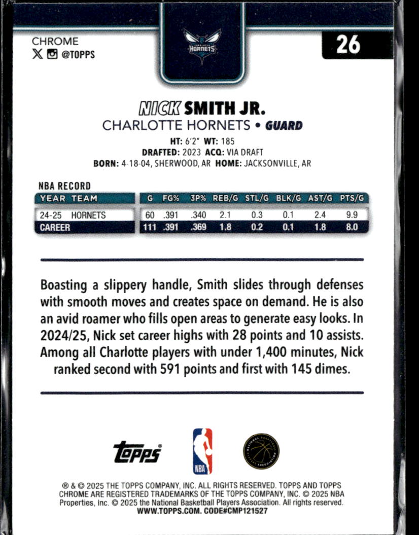 Nick Smith Jr. 2025 Topps Chrome Yellow Wave Refractor /275 Charlotte Hornets
