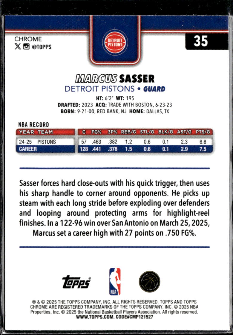 Marcus Sasser 2025 Topps Chrome Yellow Wave Refractor Detroit Pistons