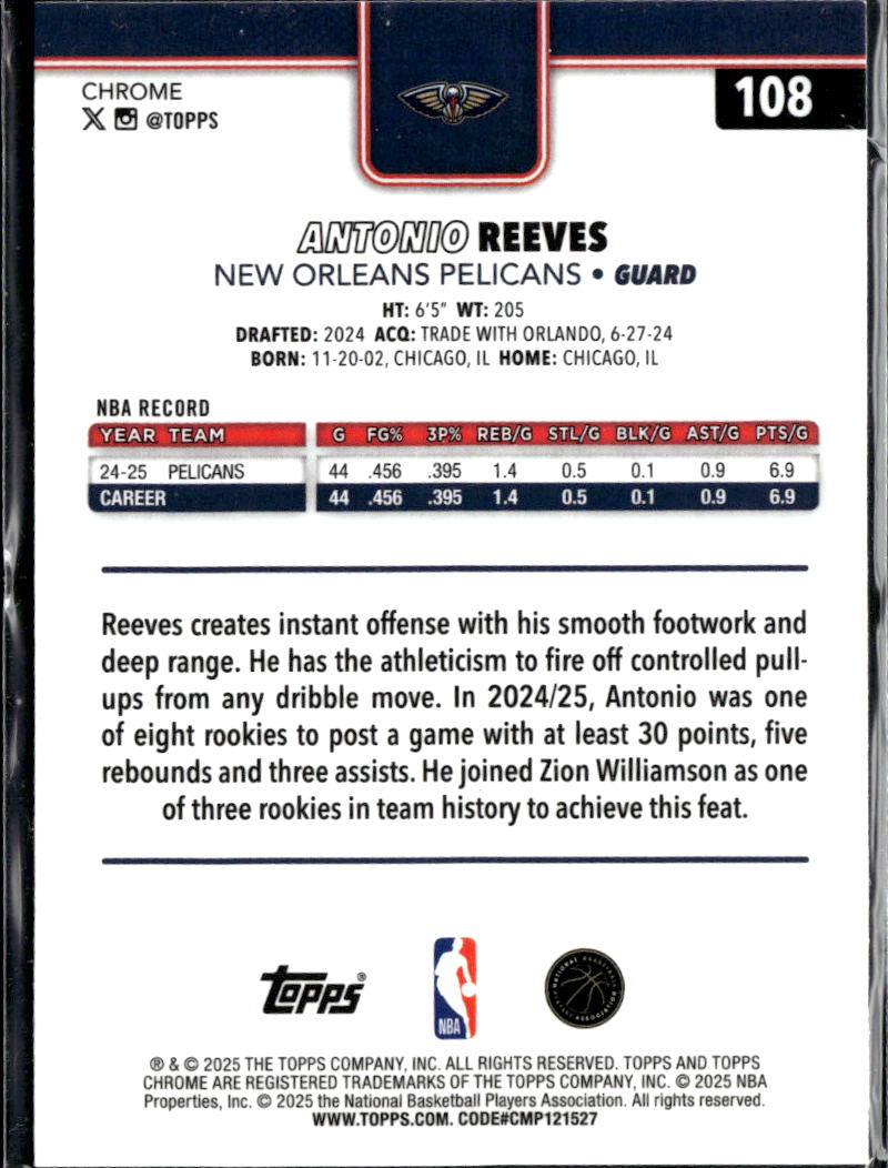 Antonio Reeves 2025 Topps Chrome Yellow Wave Refractor /275 New Orleans Pelicans
