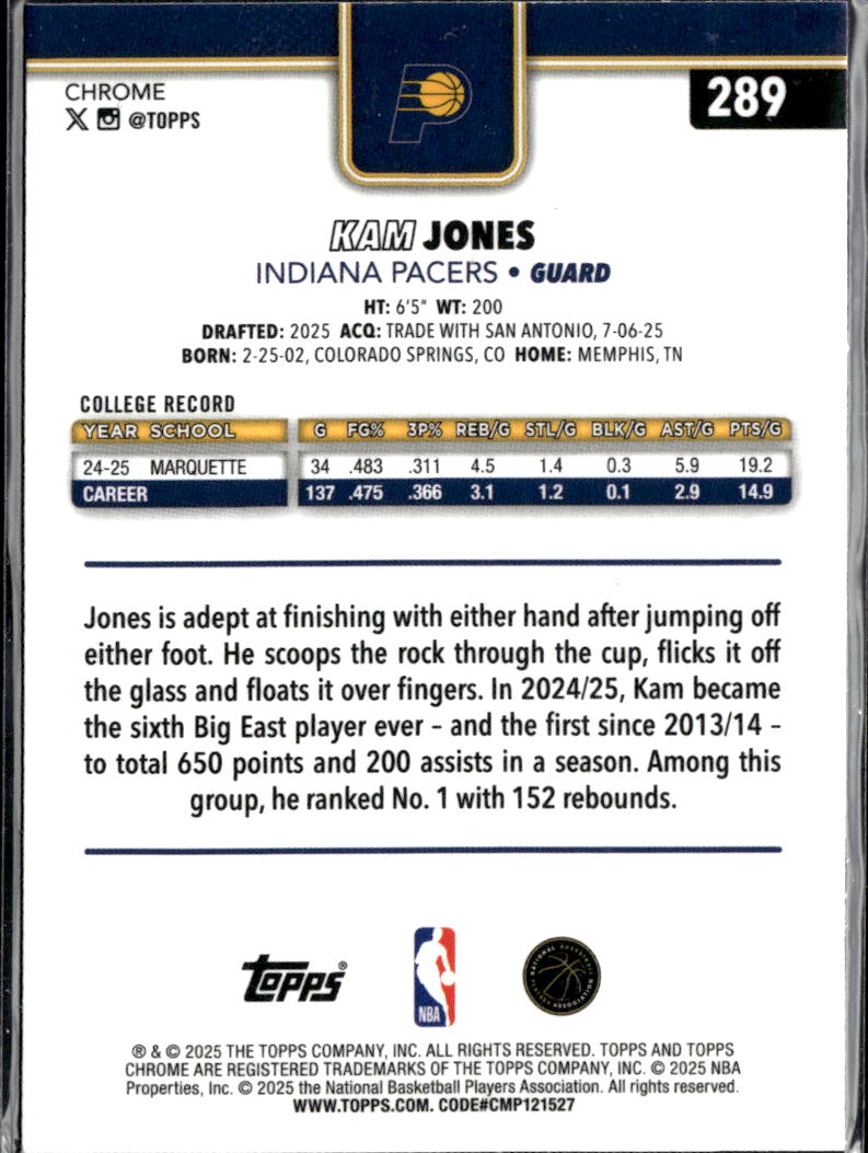 Kam Jones 2025 Topps Chrome RC Yellow Refractor Rookie /275 Indiana Pacers