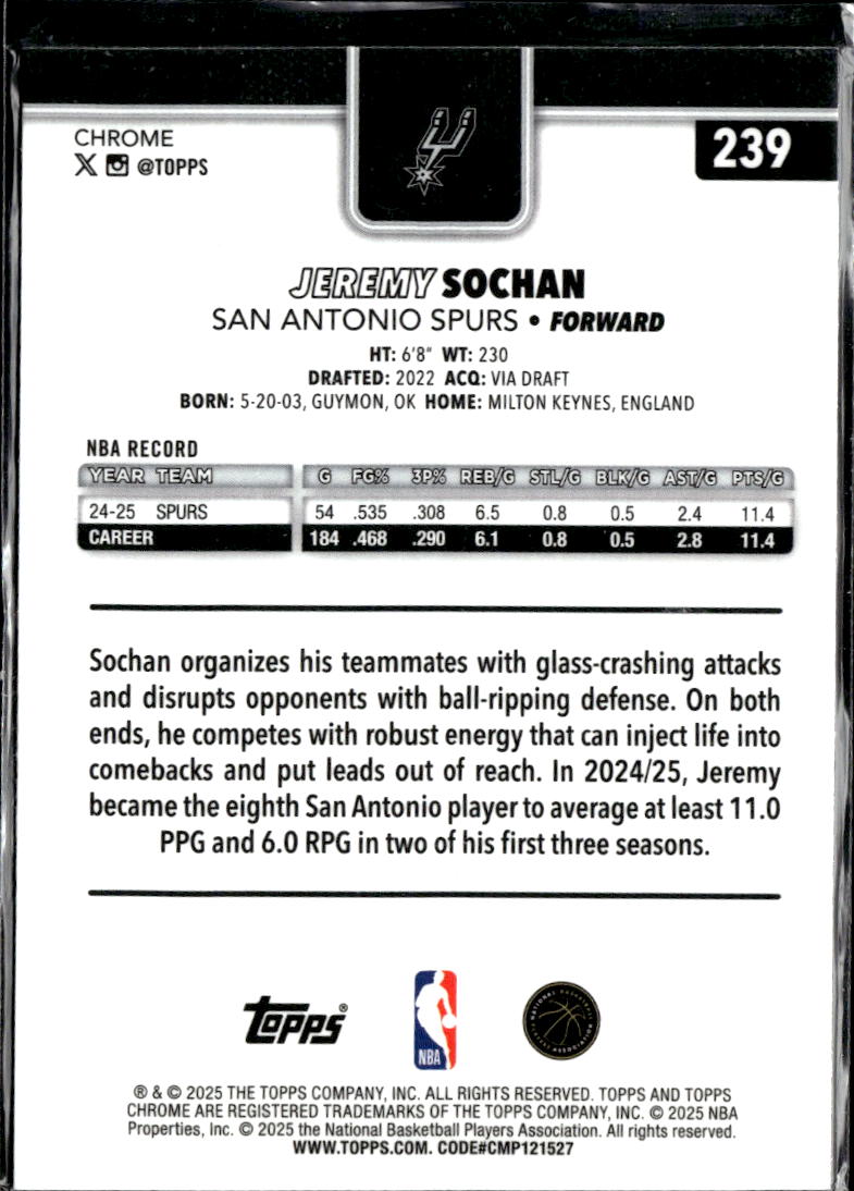 Jeremy Sochan 2025 Topps Chrome Yellow Refractor RC /275 San Antonio Spurs