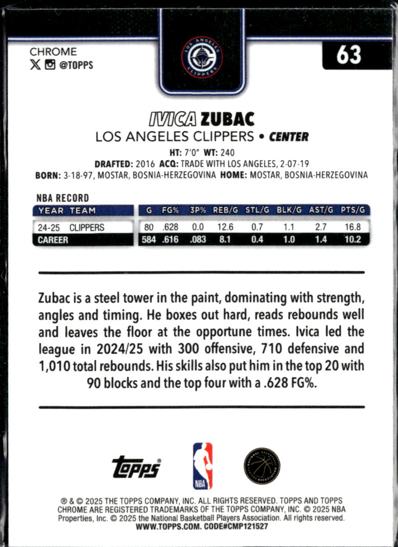 Ivica Zubac 2025 Topps Chrome Yellow Refractor /275 Los Angeles Clippers