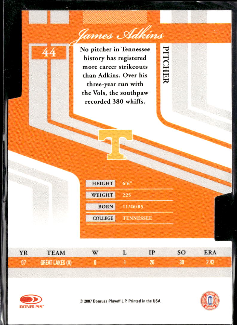 James Adkins 2007 Donruss Elite Extra Edition Status /50 Tennessee Volunteers