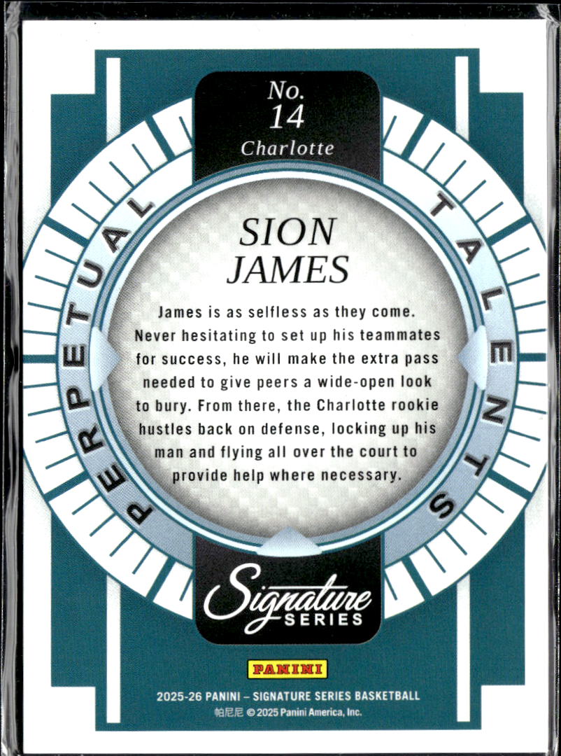 Sion James 2025 Signature Series Rookie RC Talents /99 Charlotte Hornets