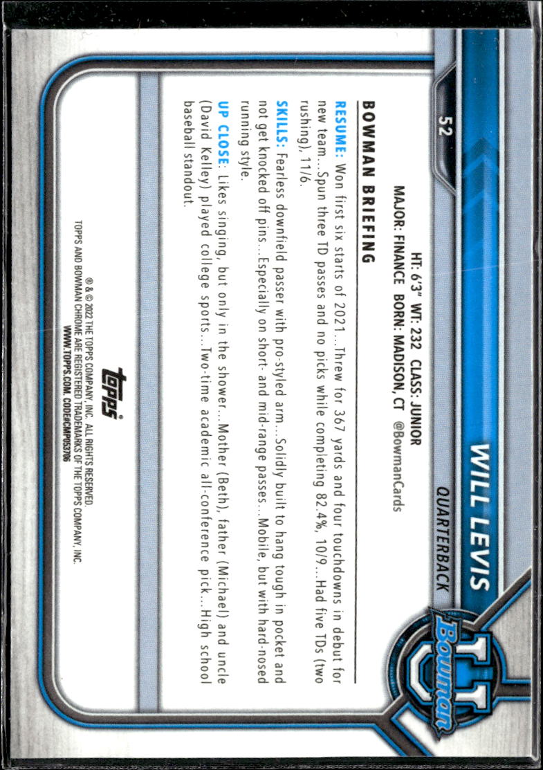 Will Levis 2022 Bowman University 1st Aqua RC /299 Kentucky Wildcats Titans