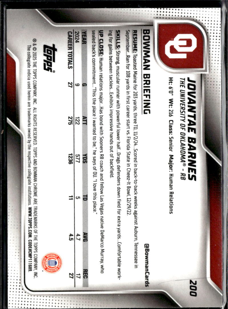 Jovantae Barnes 2025 Bowman Chrome Yellow Diamond /350 Oklahoma Sooners