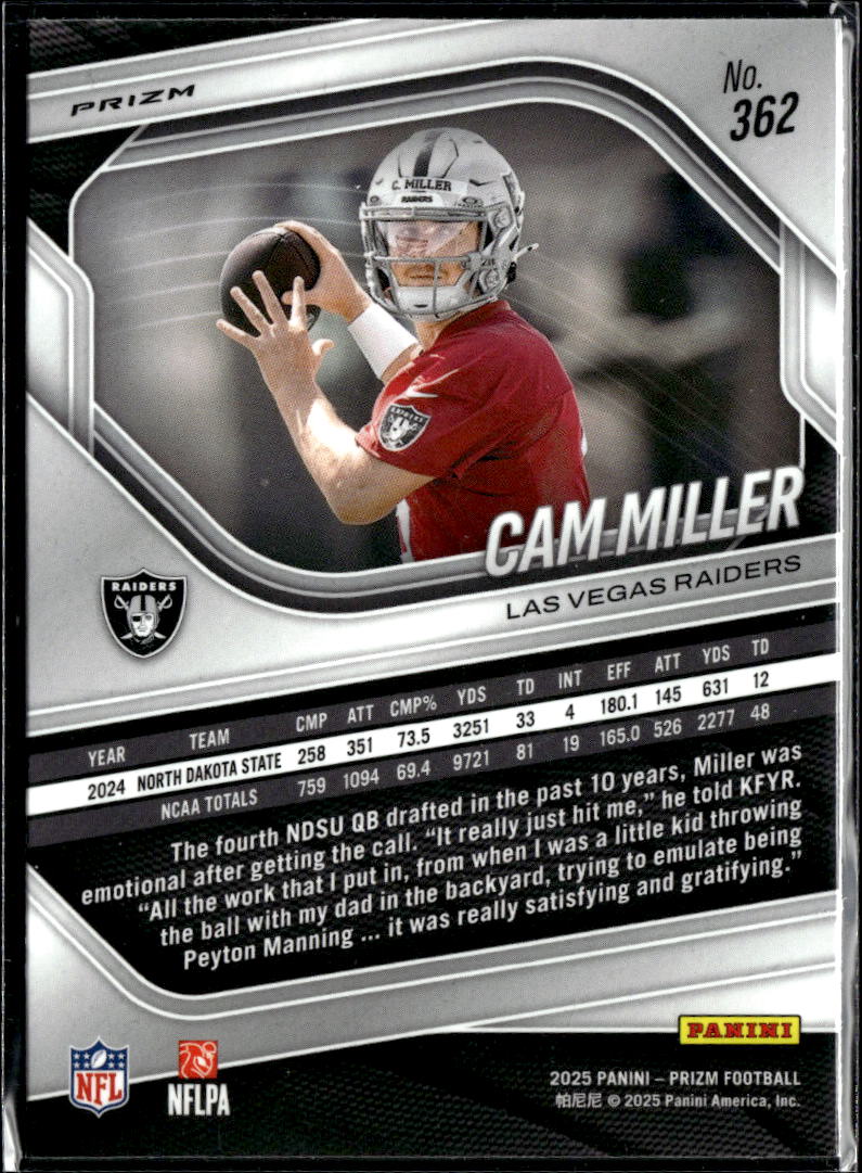 Cam Miller 2025 Panini Prizm Silver Prizm Rookie RC Las Vegas Raiders
