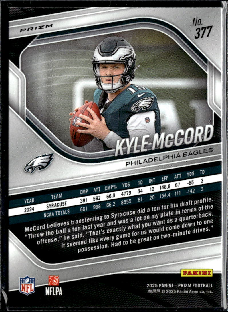 Kyle McCord 2025 Panini Prizm Silver Prizm Rookie RC Philadelphia Eagles