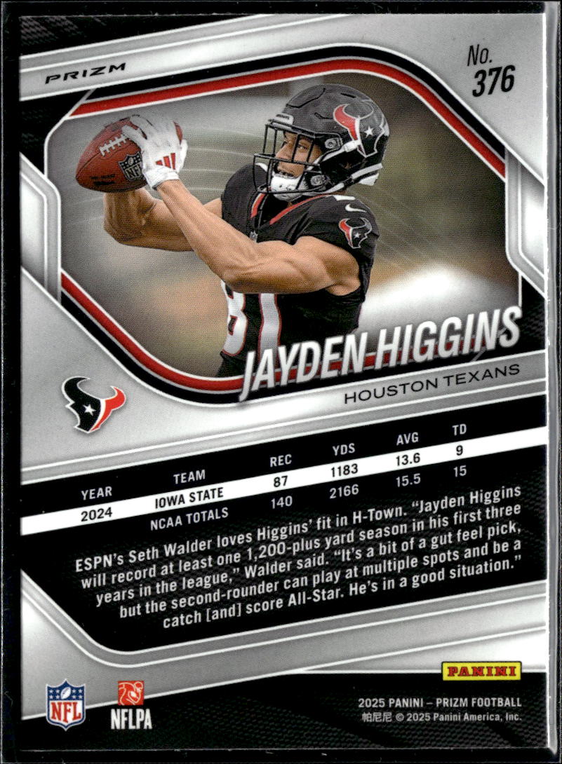 Jayden Higgins 2025 Panini Prizm Silver Prizm Rookie RC Houston Texans