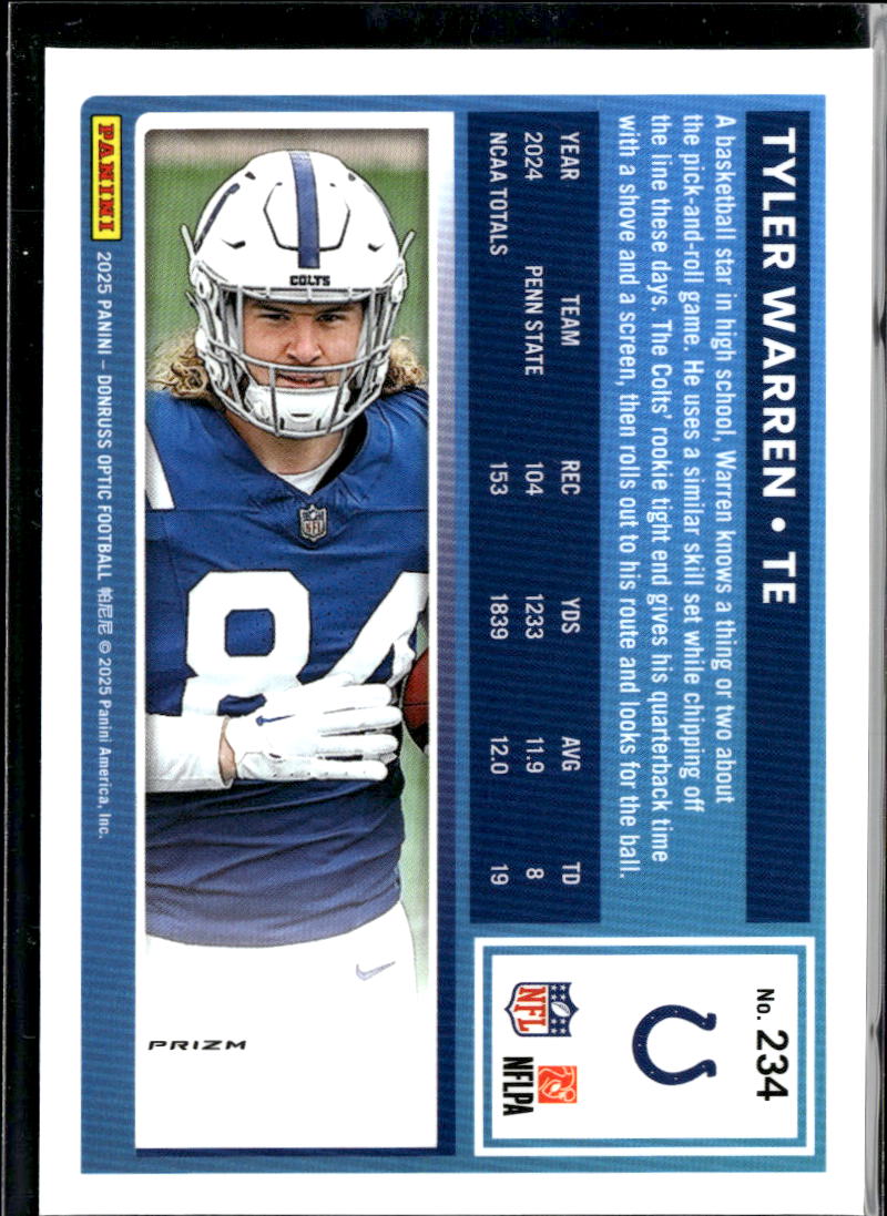 Tyler Warren 2025 Optic Rated Rookie Blue Hyper RC Indianapolis Colts