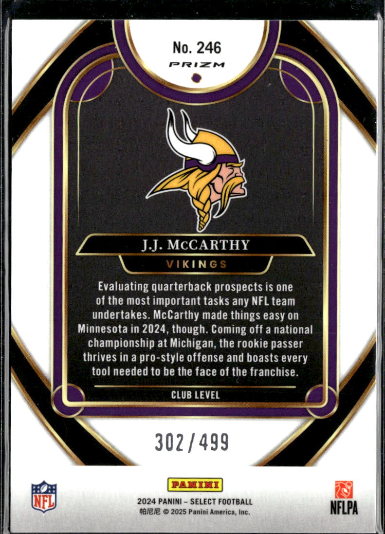 J.J. McCarthy 2024 Select Green Prizm Rookie 302/499 Minnesota Vikings