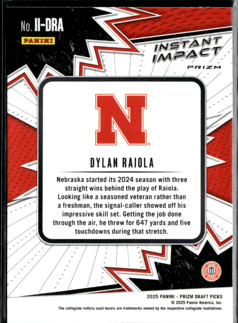 Dylan Raiola 2025 Prizm Draft Instant Impact GOLD Ice RC Nebraska Cornhuskers