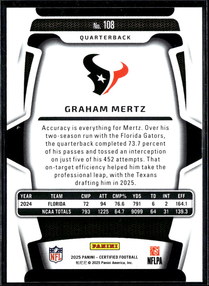 Graham Mertz 2025 Certified Pink Rookie RC 185/225 Houston Texans