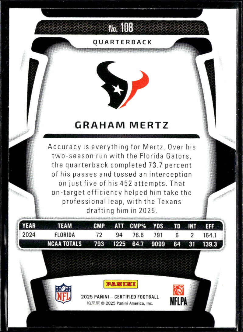 Graham Mertz 2025 Certified RC Rookie 378/499 Houston Texans