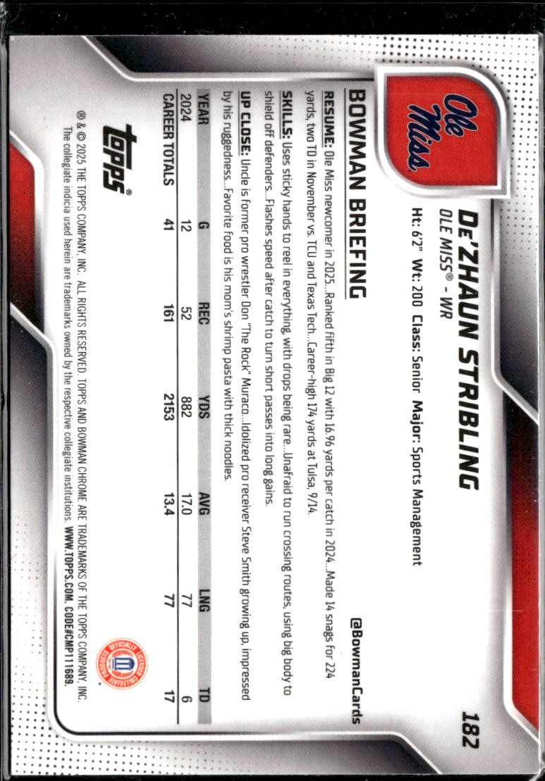 De'Zhaun Stribling 2025 Bowman Chrome 1st Green Refractor /99 Ole Miss Rebels