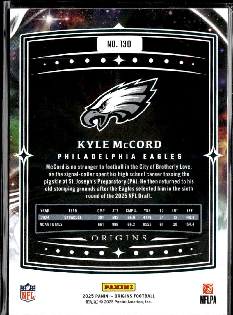 Kyle McCord 2025 Origins Red Rookie RC /299 Philadelphia Eagles