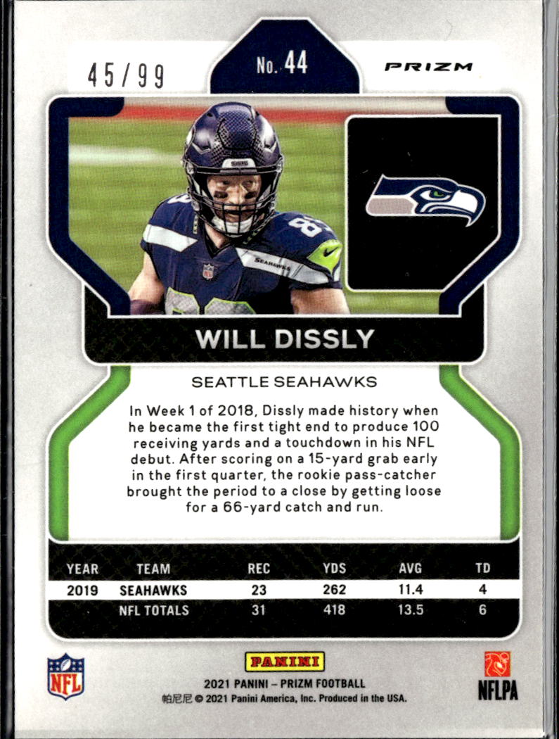Will Dissly 2021 Prizm Blue Ice Prizm 45/99 Seattle Seahawks