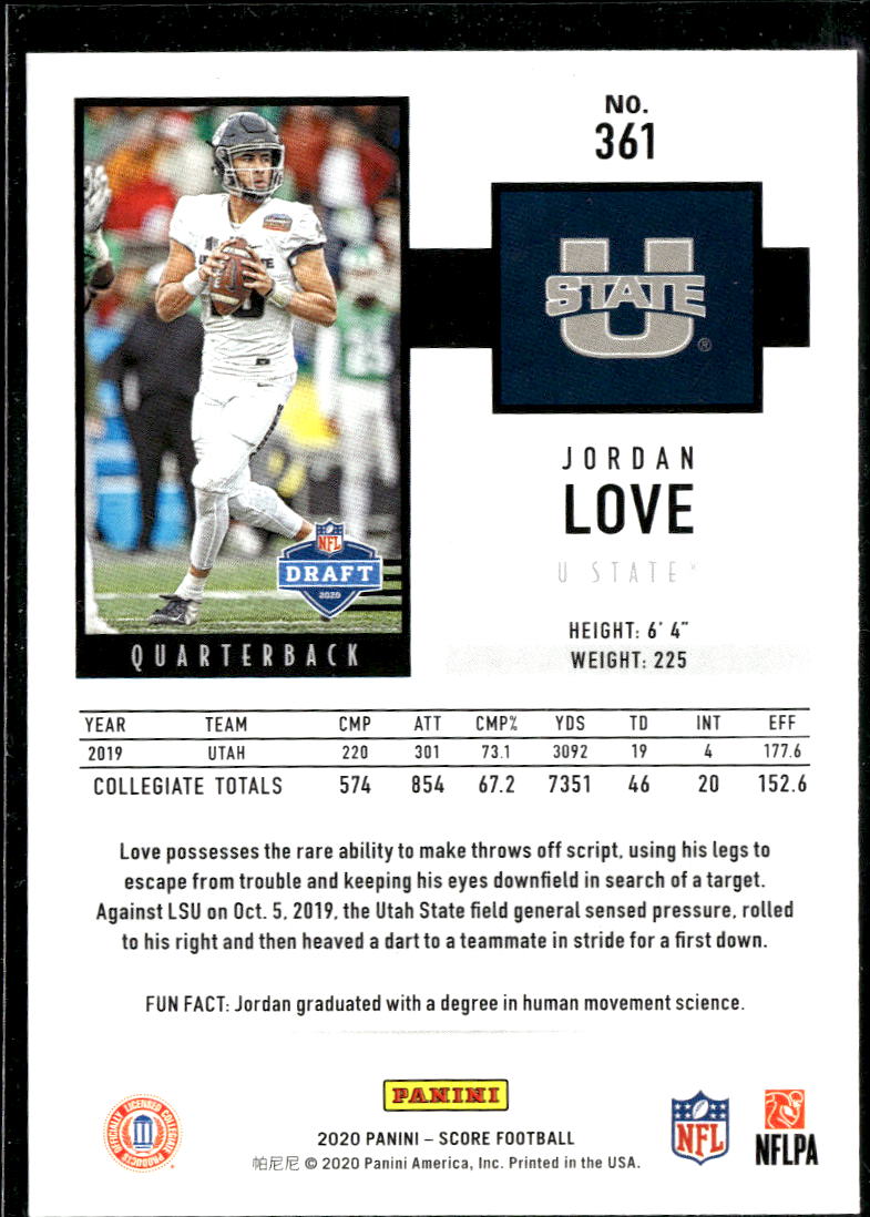 Jordan Love 2020 Score GOLD Rookie RC Utah State Packers