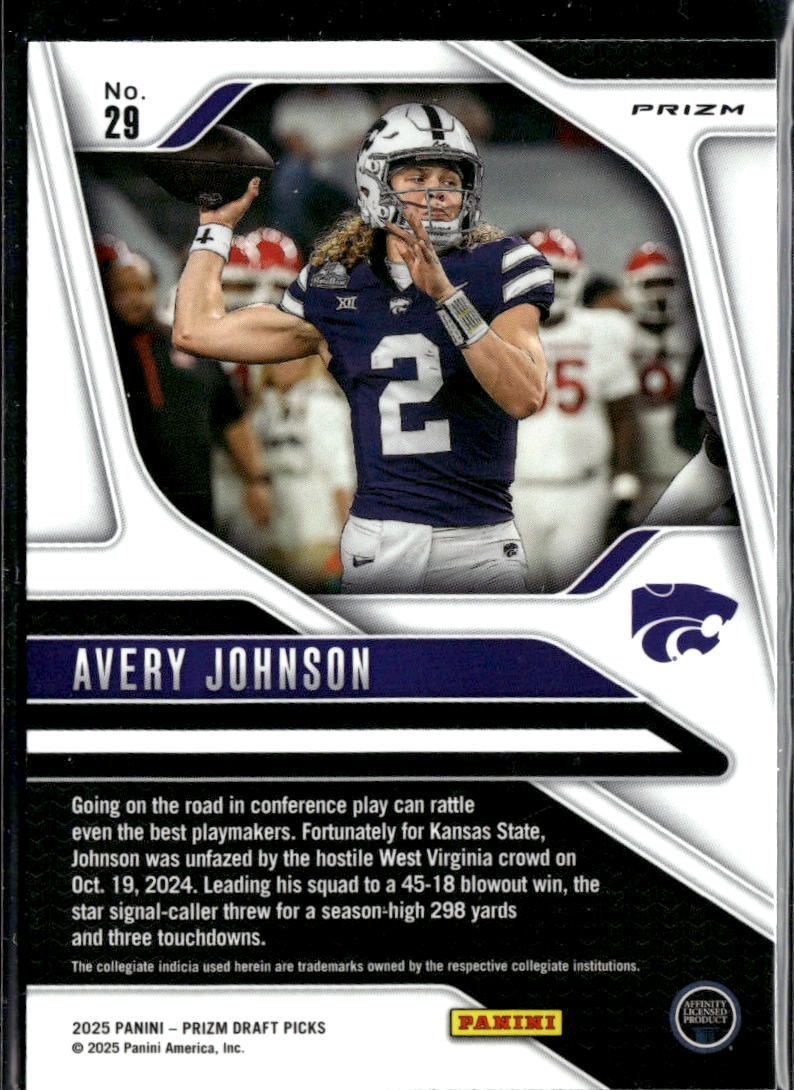 Avery Johnson 2025 Prizm Draft Silver Prizm Rookie RC Kansas State Wildcats