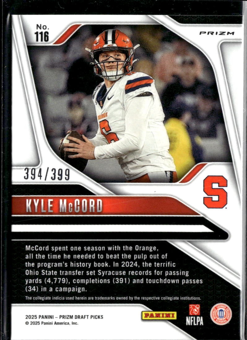 Kyle McCord 2025 Prizm Draft Picks RC Red Prizm /399 Syracuse Eagles