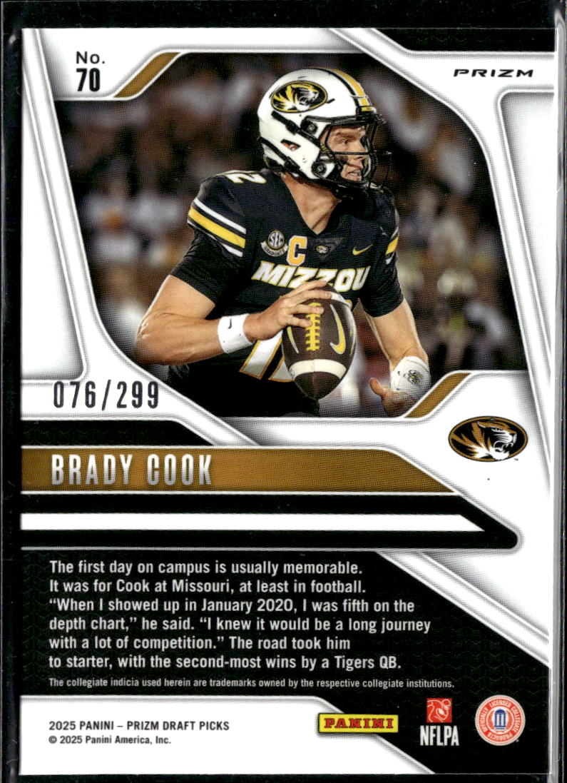 Brady Cook 2025 Prizm Draft Picks RC Blue Wave /299 Missouri Tigers