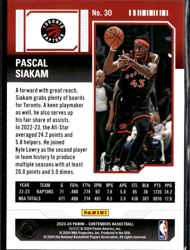 Pascal Siakam 2024 Contenders 1st Round Ticket 67/149 Toronto Raptors