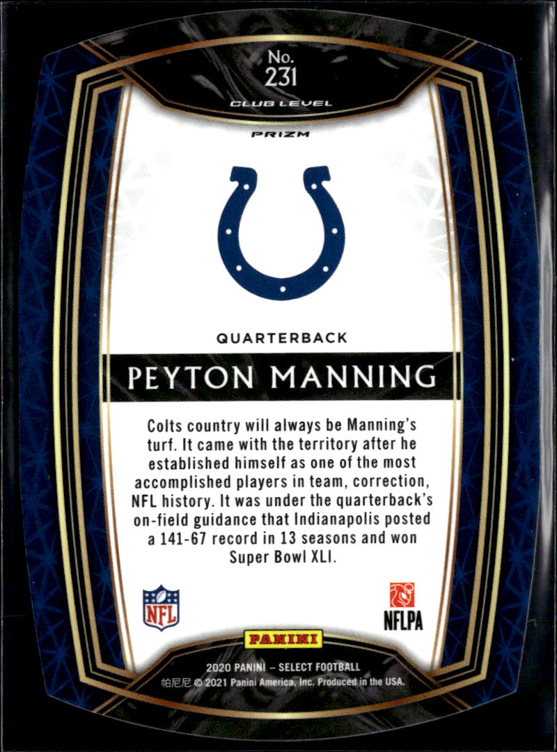 Peyton Manning 2020 Select Club Level Light Blue Prizm Indianapolis Colts