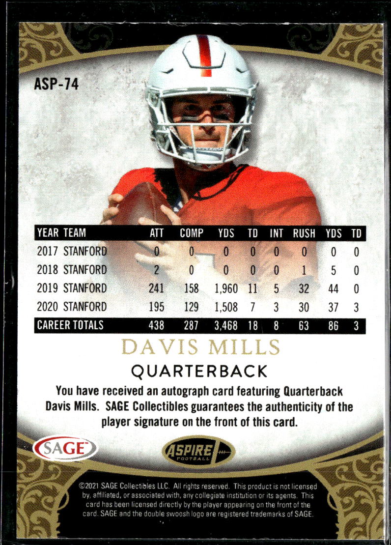 Davis Mills 2021 SAGE Aspire Auto Autograph Rookie RC Houston Texans