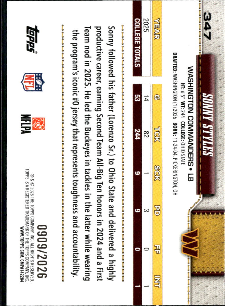 Sonny Styles 2026 Topps GOLD Rookie 909/2026 RC Washington Commanders